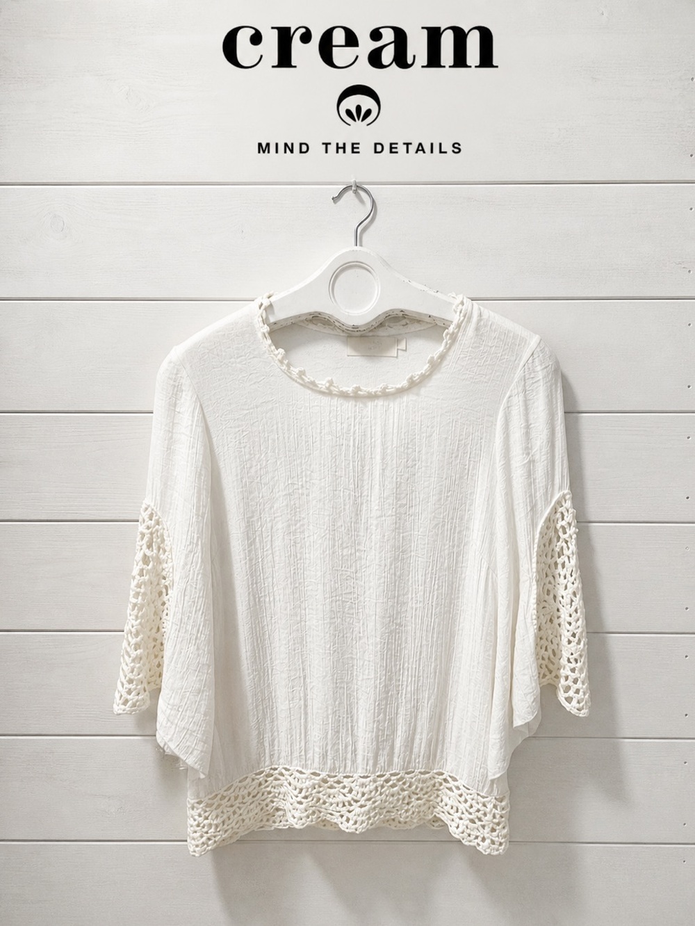 CREAM Crochet-Trim Boho Blouse – Off-White – Size  34
